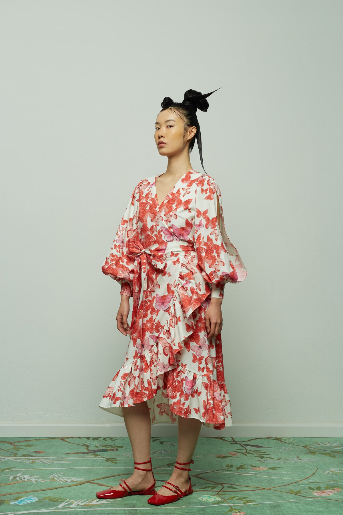 " WRAP DRESS WITH RED BUTTERFLIES "