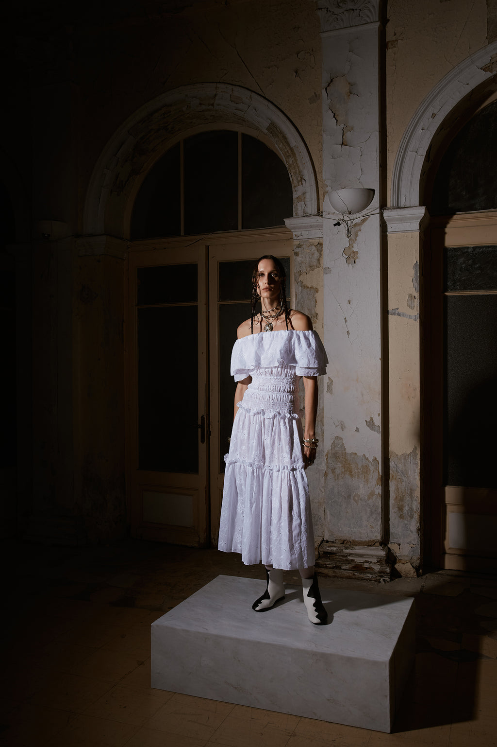 " White Off Shoulder Broderie Dress"