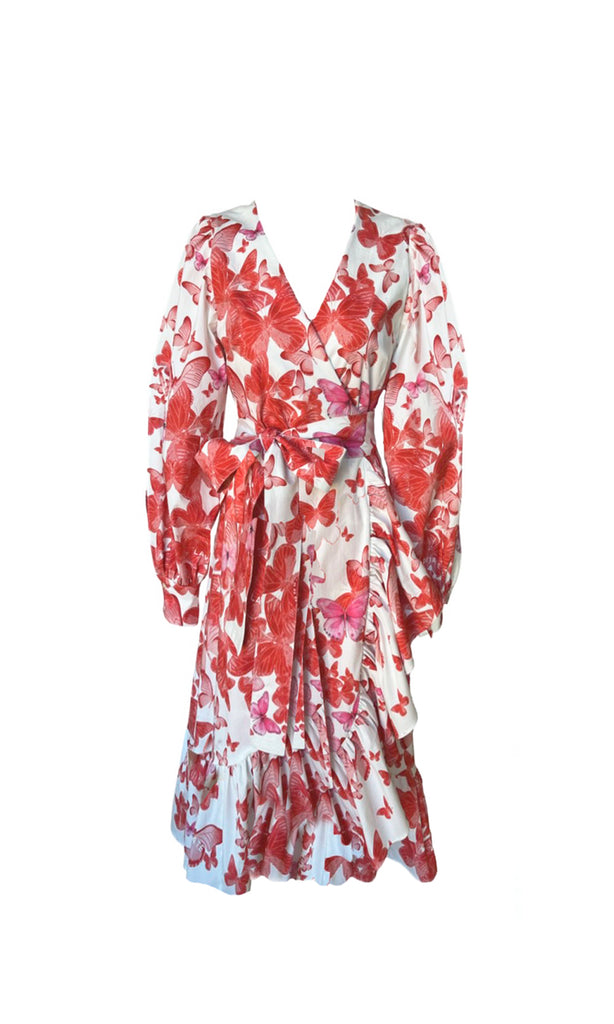 " WRAP DRESS WITH RED BUTTERFLIES "