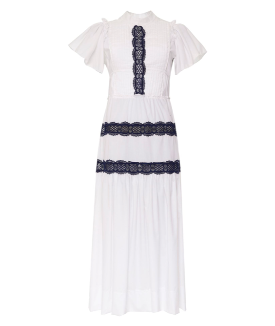 " White flared dress with blue lace"